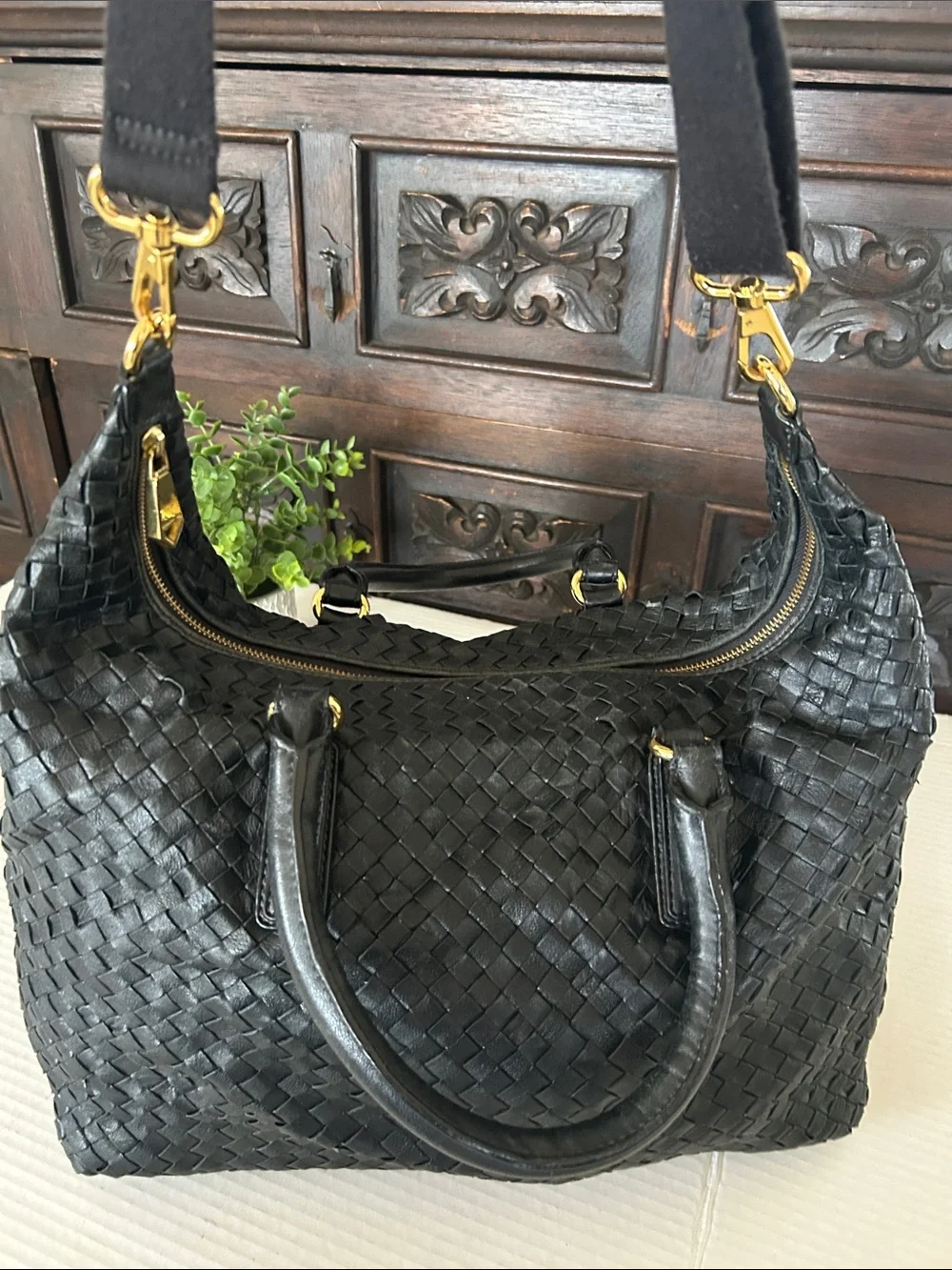 Christopher Kon Woven Leather Tote Bag with Detachable Strap - Black - Picture 14 of 15
